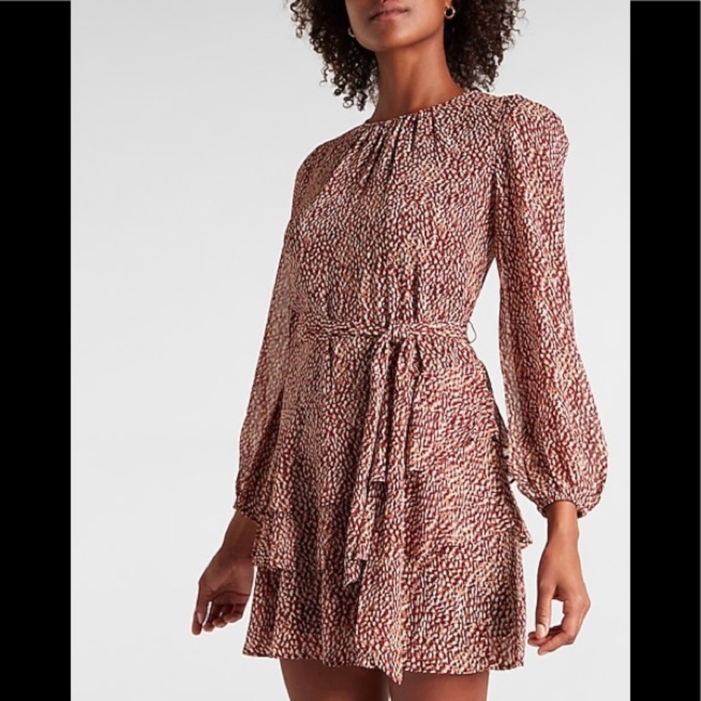 Express Metallic Printed Tie Waist Tiered Ruffle Mini Dress